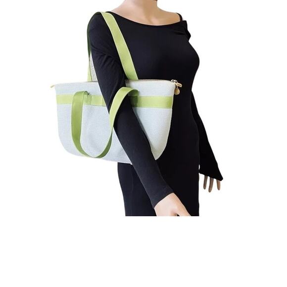 ERIC JAVITS Tote Bag Powder Blue Lime Green SPRING SUMMER PASTEL BOW - Picture 1 of 9